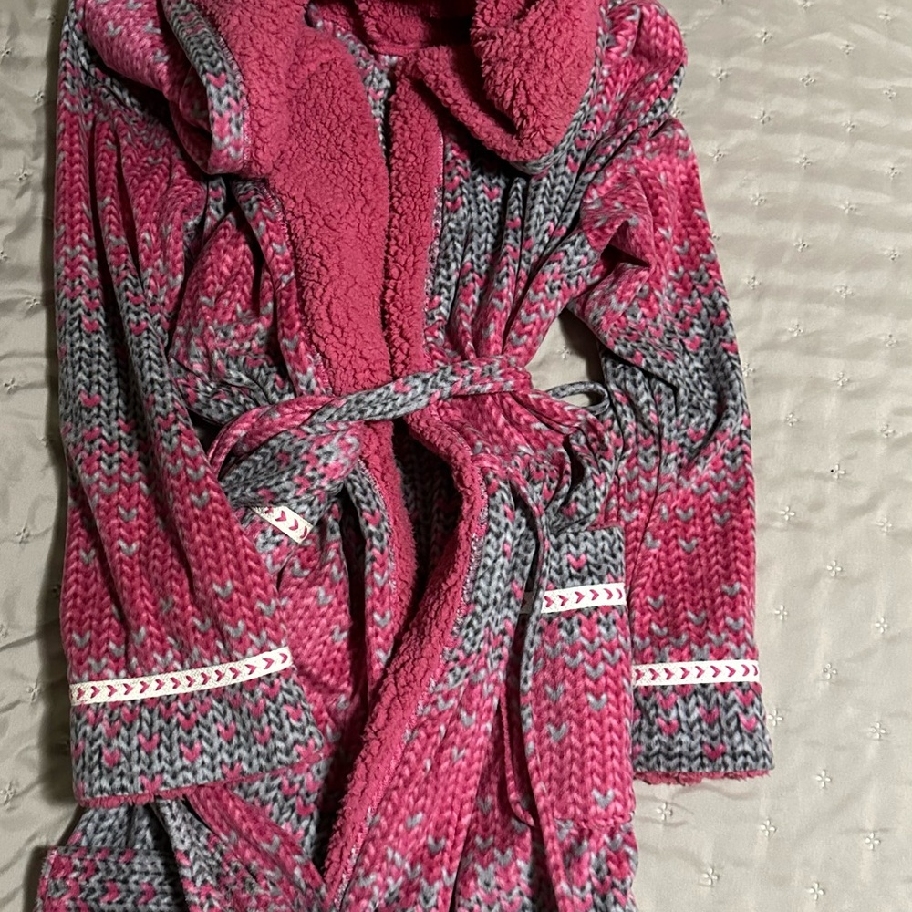 Cozy Pink and Gray Hooded Knit Robe L/XL